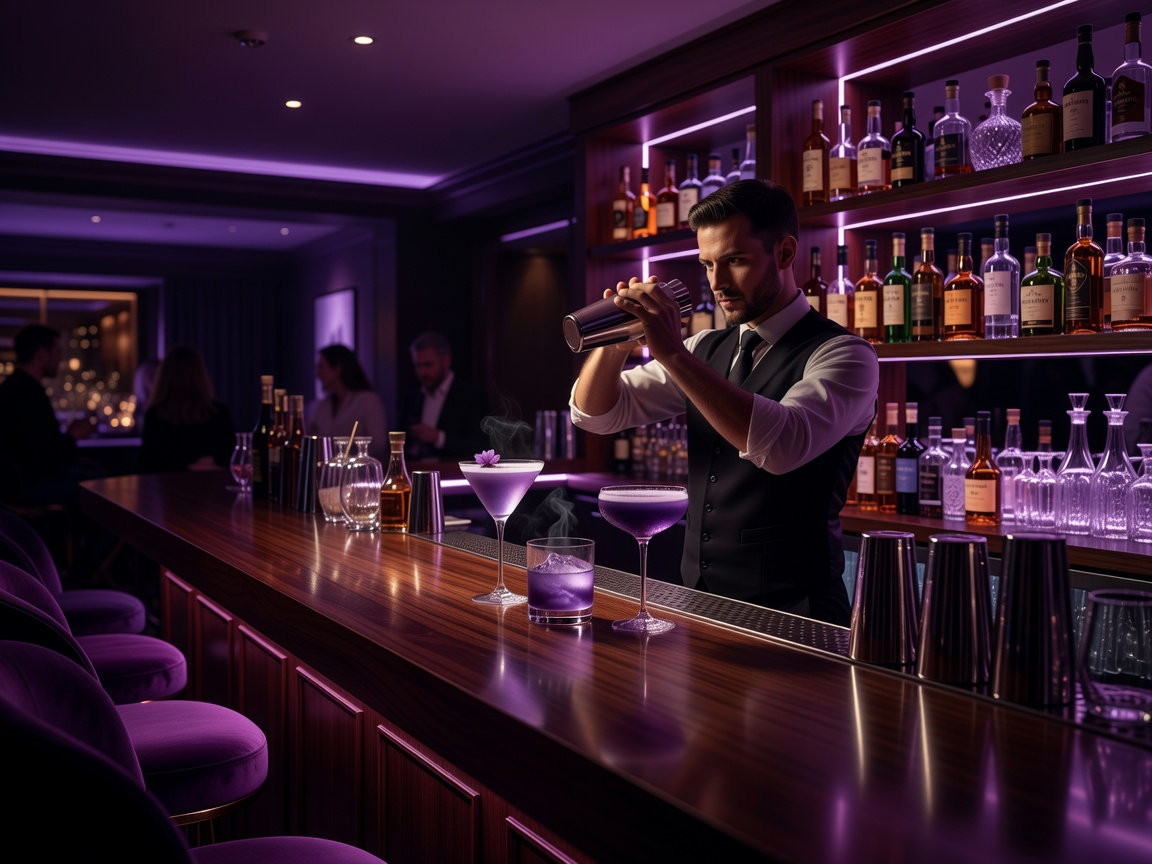 Cocktail-baari violetilla tunnelmavalaistuksella