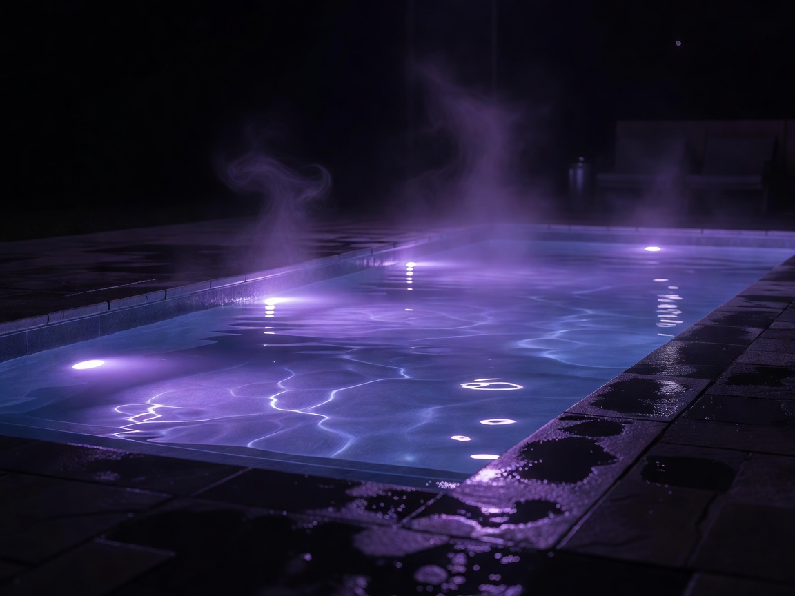 Lämmitetty allas violetissa yötunnelmassa