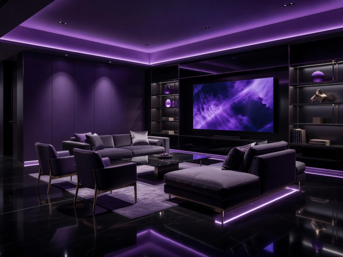 Hotellikasinon ja viihdelounge violetilla valaistuksella ja tyylikkäällä sisustuksella